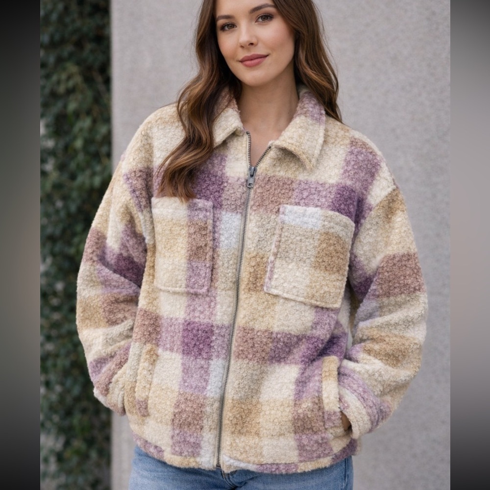 Jason Maxwell Plaid Teddy Jacket in Purple and Tan